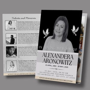 Plantilla de folleto minimalista de 8 páginas para programa funerario de la Rosa Blanca (8,5&quot; x 11&quot;), Canva, estilo revista beige y dorado, obituario para mujer, celebración de la vida.