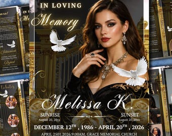 Op de afbeelding: Een gedenkkaartontwerp met een vrouw in een zwarte jurk, de tekst "In Loving Memory" en de naam "Melissa K.". De kaart bevat data, tijden en de naam van een kerk, met decoratieve duiven en bloemelementen.