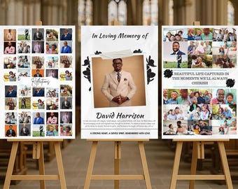 Plantilla editable de collage de fotos para funerales / Póster conmemorativo y letrero de bienvenida / Plantilla Canva para celebrar la vida / Juego de 3 plantillas para funerales