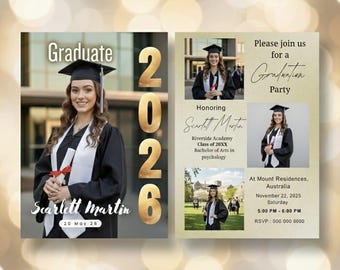 Invitación de graduación de oro negro 2026, invitación de graduación femenina con foto, plantilla de Canva para fiesta de graduación universitaria