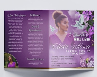 May include: A memorial service program with a purple and white design. The cover features a photo of a woman, doves, and floral accents. Text includes the name "Olivia Wilson" and dates of birth and death.