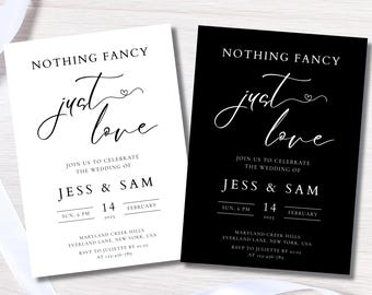 May include: Two wedding invitations, one white and one black, with elegant script that reads "Nothing Fancy, just love." Details include the names Jess & Sam, date, time, and RSVP information.