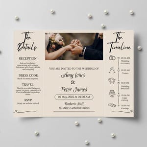 Puede incluir: Una invitaci&oacute;n de boda tr&iacute;ptica con fondo crema y escritura elegante. La invitaci&oacute;n incluye detalles, una l&iacute;nea de tiempo y una foto de una pareja. La invitaci&oacute;n est&aacute; decorada con perlas.
