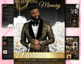 May include: A memorial announcement with the text "In Loving Memory" and the name "Marcus Smith." The design features a man in a patterned suit, white roses, and gold accents. Additional panels include text and photos.