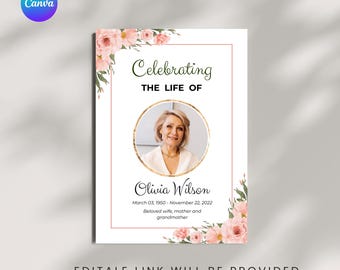 Roses Funeral Program Template: Memorial Service, Celebration of Life (5x7 Editable Template, Digital Download)