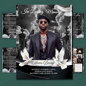 May include: A memorial announcement with the text "In Loving Memory" and the name "Mavis Barry." The design features a portrait of a person, doves, and decorative elements in black and white. Includes service details.