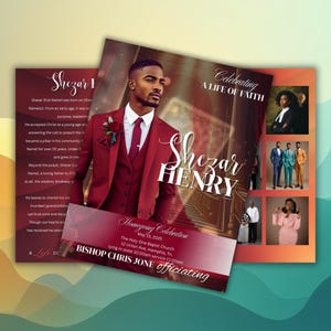 May include: A burgundy-colored memorial announcement with the text "Shezar Henry" and "Celebrating a Life of Faith." The announcement includes a photo of a man in a burgundy suit and additional photos of people. The date of the event is May 15, 2025.