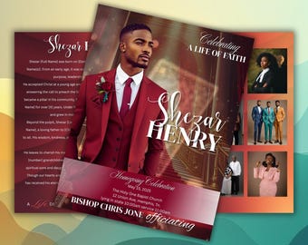 Plantilla para programa funerario en Burgundy City, programa conmemorativo color rojo vino de 8 páginas, plantilla de Canva para celebración de la vida, descarga digital como obsequio de homenaje