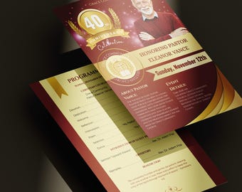 May include: Two maroon and gold flyers for a church anniversary celebration. The top flyer features a photo of a pastor, the text "Honoring Pastor Eleanor Vance," and the date. The bottom flyer is a program.