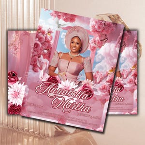 Może przedstawiać: Stos różowych i białych ogłoszeń o wydarzeniach o tematyce kwiatowej. Ogłoszenia przedstawiają portret kobiety w różowej sukni i nakryciu głowy, otoczonej różowymi różami i chmurami. Wyświetlany jest tekst "Annabella Martha".