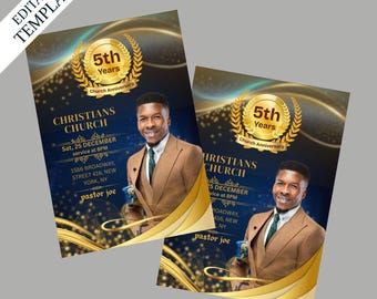 Plantilla de volante de aniversario de iglesia en azul y dorado, volante de iglesia de Canva, aniversario del pastor, agradecimiento al pastor, programa de aniversario