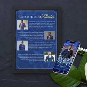May include: A framed memorial tribute with the text "Family & Friends Tributes" and photos of a man in a suit. A smartphone displays a similar image with the text "In Loving Memory of Daniel Andreson". The design features blue floral accents.