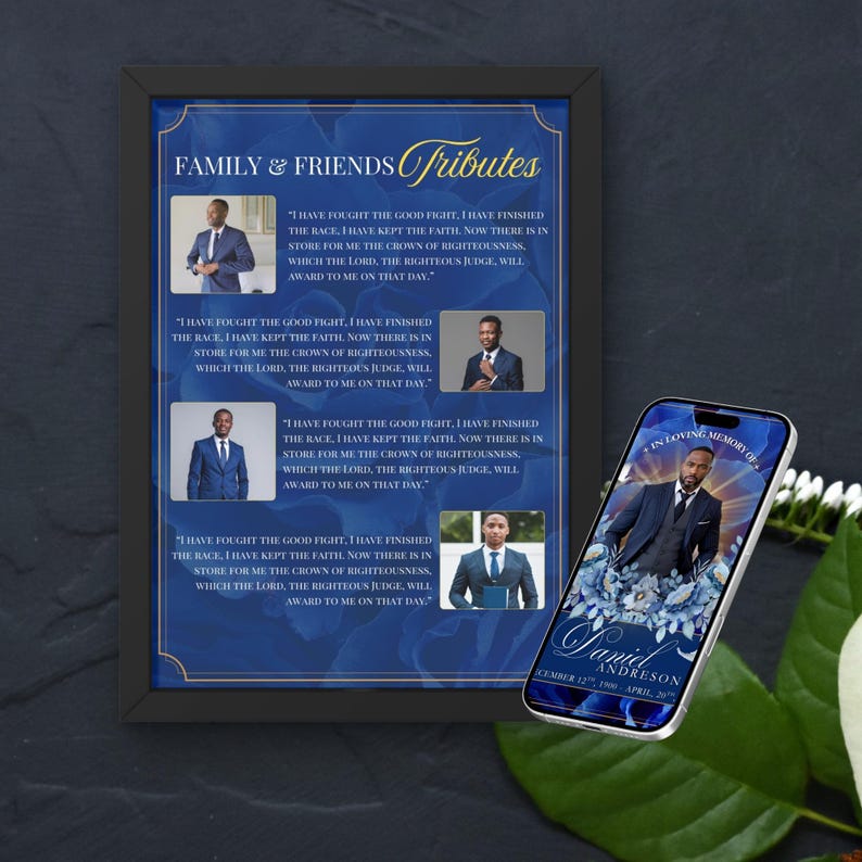 May include: A framed memorial tribute with the text "Family & Friends Tributes" and photos of a man in a suit. A smartphone displays a similar image with the text "In Loving Memory of Daniel Andreson". The design features blue floral accents.