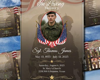 May include: A memorial card with a portrait of a man in uniform, framed by American flags. The text reads "In Loving Memory" and includes the name "Sgt. Thomas James" with dates and service details. Additional cards are visible.