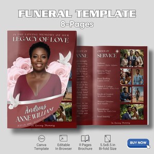May include: A funeral template brochure with a burgundy cover featuring a photo of a woman, roses, and doves. The brochure is 8 pages and includes the text "Legacy of Love" and "In Loving Memory".