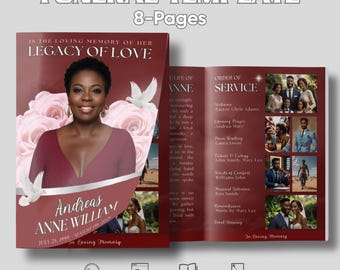 Programa funerario de 8 páginas en color granate y plateado, plantilla de obituario de 17 x 11 para mujeres, programa conmemorativo, celebración de la vida, en memoria amorosa
