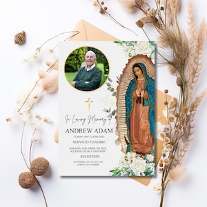 May include: A memorial card featuring a portrait of a man in a green sweater, a gold cross, and an illustration of the Virgin Mary. The card includes the text "In Loving Memory of Andrew Adam" and service details.