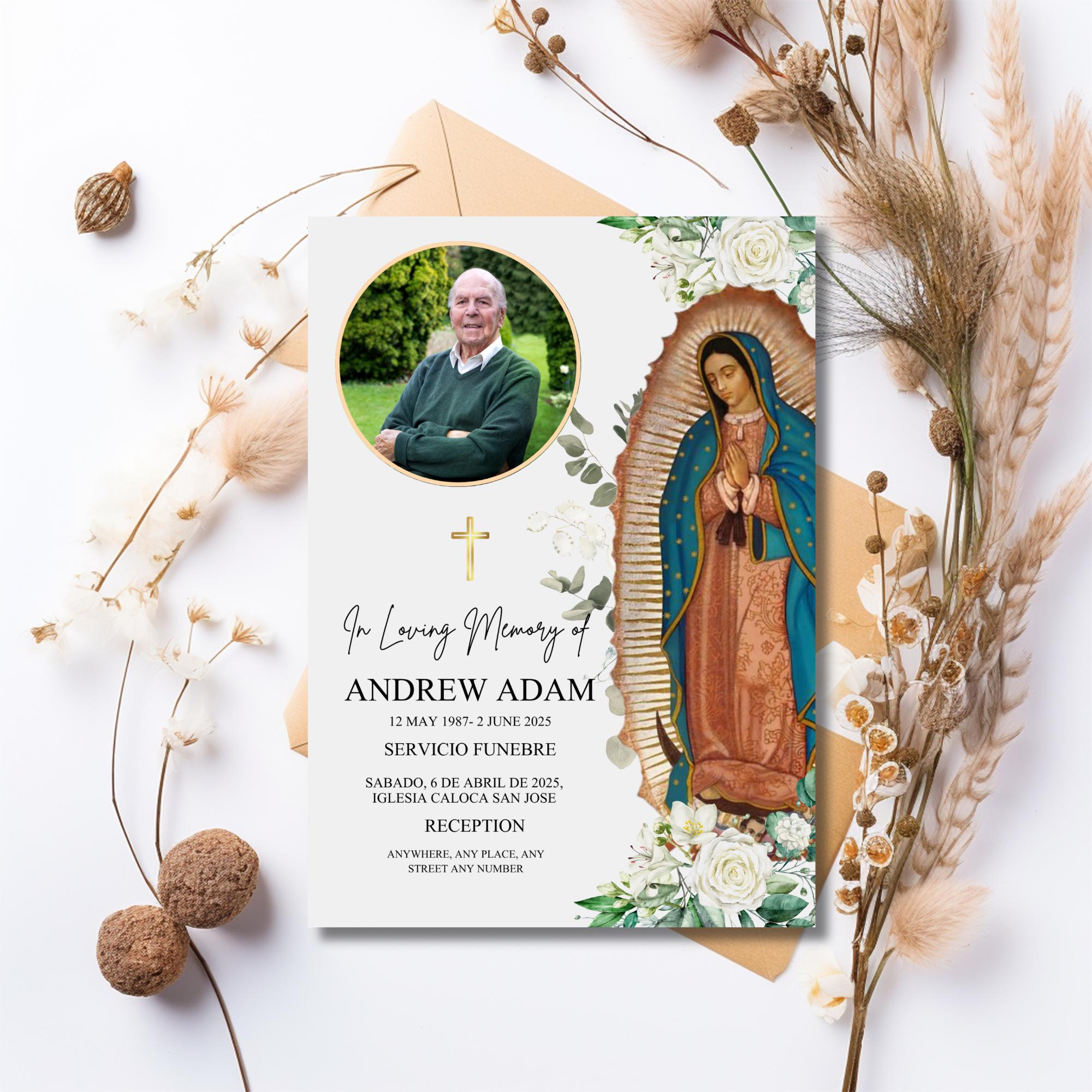 Español Virgen De Guadalupe Tarjeta Funebre | Editable Catholic Funeral Invite Template | En Memoria Amorosa | Virgin Mary Floral
