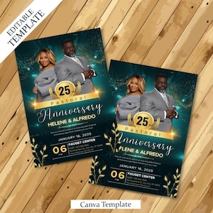 May include: Two teal and gold Pastoral Anniversary invitations. Each features a couple in formal attire, the text "25th Pastoral Anniversary", and event details. The Canva Template logo is visible.