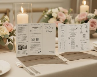 Programa de boda tríptico, plantilla infográfica para programa de ceremonia, tarjeta tríptico editable con detalles de boda, cronología del día de la boda con descarga instantánea