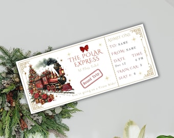 Op de afbeelding: Een decoratief Polar Express-treinkaartje met een rode strik en gouden accenten. Het kaartje toont een vintage treinillustratie, de tekst "Round Trip" en details zoals datum, tijd en stoelnummer. Het is een eersteklas ticket.