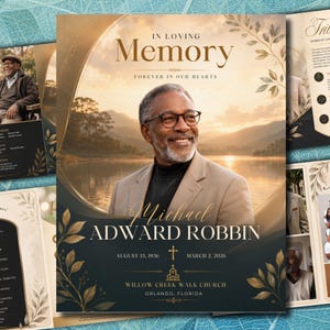 May include: A funeral program template featuring a portrait of a smiling man with glasses. The design includes gold text reading IN LOVING MEMORY, FOREVER IN OUR HEARTS, Michael EDWARD ROBBIN, August 15, 1956, March 2, 2026, and Willow Creek Walk Church.