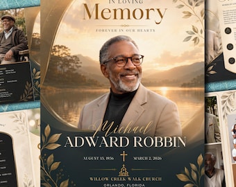 May include: A funeral program template featuring a portrait of a smiling man with glasses. The design includes gold text reading IN LOVING MEMORY, FOREVER IN OUR HEARTS, Michael EDWARD ROBBIN, August 15, 1956, March 2, 2026, and Willow Creek Walk Church.