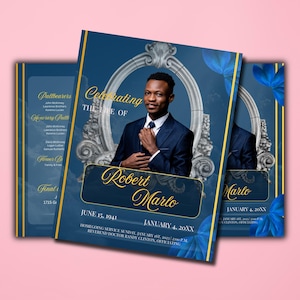 May include: A navy blue memorial card with gold detailing. The card features a portrait of a man in a suit, the text "Celebrating the Life of Robert Marlo", and event details. Blue floral accents are also present.