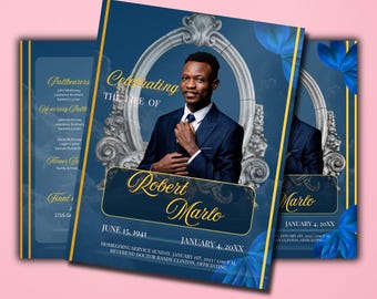 Navy Blue & Gold Beerdigung Programm Vorlage, Feier des Lebens Obituary Programm | Erinnerungs-Programm | In liebevoller Erinnerung | Canva Template Plus
