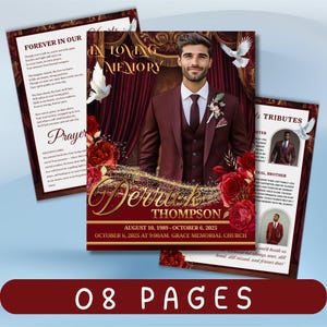 Funeral Program Template, Obituary Template for Men, Editable Canva Layout, Red Burgundy Gold Funeral Program, Celebration of Life Brochure