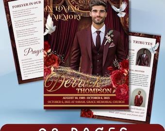 Funeral Program Template, Obituary Template for Men, Editable Canva Layout, Red Burgundy Gold Funeral Program, Celebration of Life Brochure
