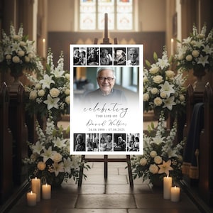 Puede incluir: Un letrero conmemorativo sobre un caballete, con un retrato de un hombre y varias fotos m&aacute;s peque&ntilde;as en blanco y negro. El letrero dice "Celebrando la vida de David Walker" con fechas. La escena est&aacute; ambientada en una iglesia, rodeada de arreglos florales blancos y velas.
