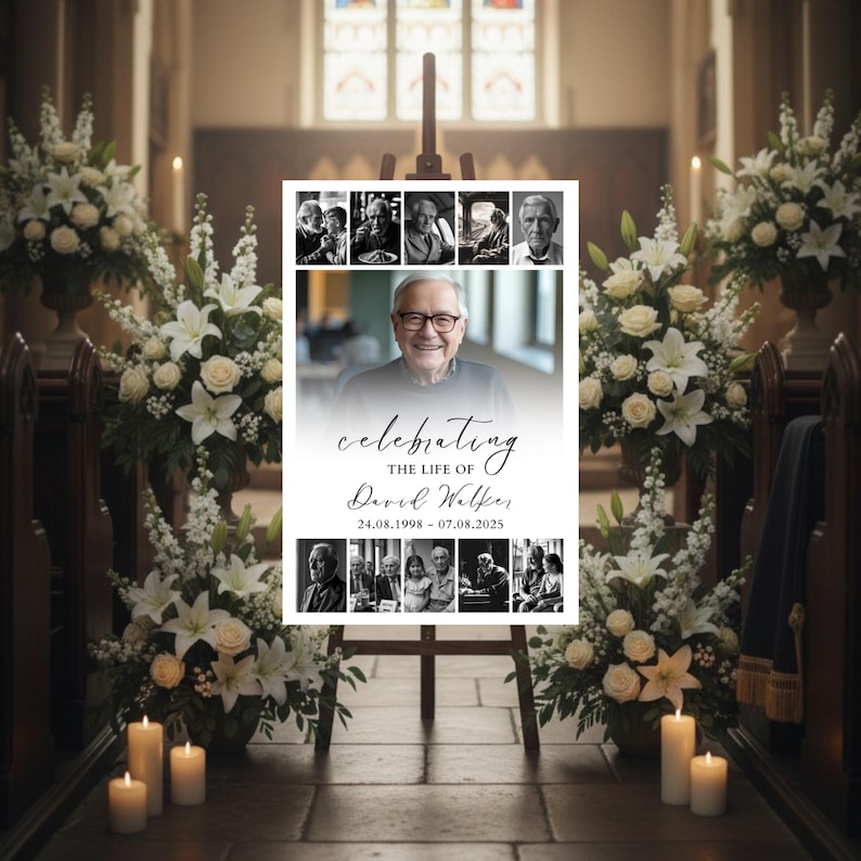 Puede incluir: Un letrero conmemorativo sobre un caballete, con un retrato de un hombre y varias fotos m&aacute;s peque&ntilde;as en blanco y negro. El letrero dice "Celebrando la vida de David Walker" con fechas. La escena est&aacute; ambientada en una iglesia, rodeada de arreglos florales blancos y velas.