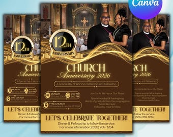 Plantilla de folleto para aniversario de iglesia en tonos marrón y dorado, 5x7 pulgadas, folleto editable para iglesia en Canva, invitación para aniversario de iglesia, folleto elegante para eventos religiosos.