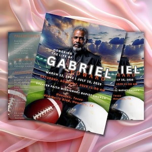 May include: A stack of memorial cards honoring Gabriel Edward. The cards feature a portrait of a man, footballs, and helmets. Text includes dates, times, and the Greater Faith Missionary Baptist Church address in Houston, Texas.