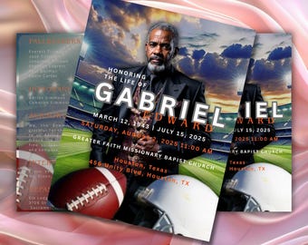May include: A stack of memorial cards honoring Gabriel Edward. The cards feature a portrait of a man, footballs, and helmets. Text includes dates, times, and the Greater Faith Missionary Baptist Church address in Houston, Texas.