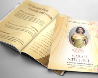 8 Page Gold Funeral Program Template | 17"x11" Classic Obituary Program | Warm Gold Booklet | Celebration of Life Brochure | Canva Editable