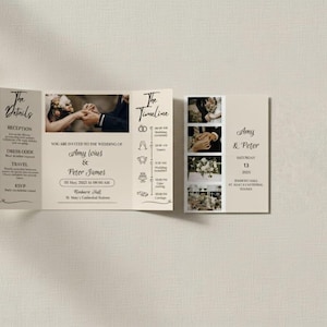 Puede incluir: Una invitaci&oacute;n de boda tr&iacute;ptica en tonos crema y beige. La invitaci&oacute;n incluye los nombres "Amy Ioius & Peter James", detalles de la boda y una l&iacute;nea de tiempo de los eventos. El dise&ntilde;o presenta fotos y una escritura elegante.