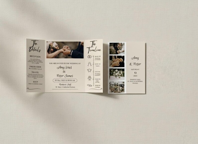 Puede incluir: Una invitaci&oacute;n de boda tr&iacute;ptica en tonos crema y beige. La invitaci&oacute;n incluye los nombres "Amy Ioius & Peter James", detalles de la boda y una l&iacute;nea de tiempo de los eventos. El dise&ntilde;o presenta fotos y una escritura elegante.