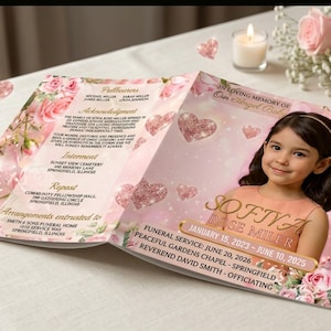 May include: A memorial program booklet featuring a photograph of a young child named Sofiva Rose Miler. The design includes pink roses, glittery heart graphics, and printed text detailing funeral service information, acknowledgments, and family names.