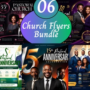 Op de afbeelding: Een digitale bundel van zes sjablonen voor kerkjubileumflyers met diverse lay-outs in goud-, paars- en zwarttinten. De ontwerpen bevatten teksten zoals 35th Year, 10th Pastoral Anniversary en 15th Pastoral Anniversary Celebration.