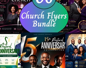 May include: A digital bundle of six church anniversary flyer templates featuring various layouts with gold, purple, and black color schemes. The designs include text such as 35th Year, 10th Pastoral Anniversary, and 15th Pastoral Anniversary Celebration.