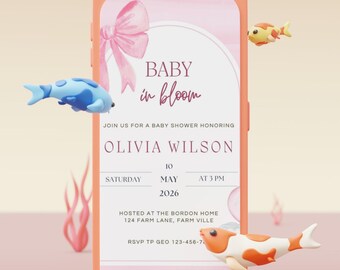Bewerkbare baby in bloei babyshower uitnodiging, wilde bloemen babyshower uitnodiging, roze lente bloemen canvas sjabloon, instant download, afdrukbaar