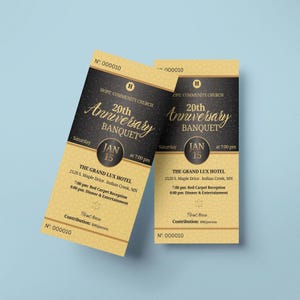 Puede incluir: Dos entradas para eventos con un diseño dorado y negro. Las entradas dicen "20th Anniversary Banquet" e incluyen la fecha "15 de enero". Las entradas también incluyen el lugar y la hora del evento. Las entradas tienen el número "000010".
