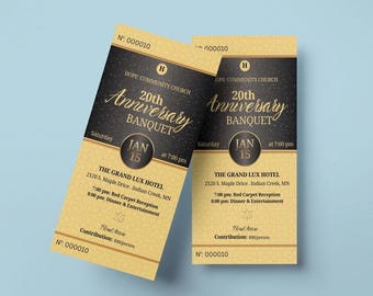 Plantilla de boleto para banquete de aniversario de iglesia Black Gold 3x6, boleto editable de Word Publisher, boleto de admisión para gala de evento de iglesia (descargable)