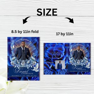 May include: A memorial card with a blue floral design and the text "IN LOVING MEMORY OF" and "Daniel Andreson". The card is available in two sizes: 21.6 x 27.9 cm folded and 43.2 x 27.9 cm.