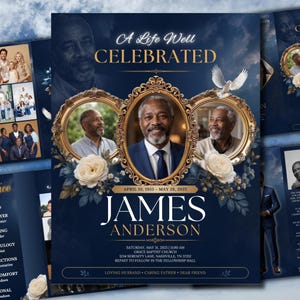 May include: A funeral program template featuring a deep blue sky background with white clouds. Three ornate gold oval frames display photos of a man. Text includes A Life Well Celebrated, James Anderson, dates, and service details in white and gold.