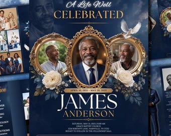 May include: A funeral program template featuring a deep blue sky background with white clouds. Three ornate gold oval frames display photos of a man. Text includes A Life Well Celebrated, James Anderson, dates, and service details in white and gold.