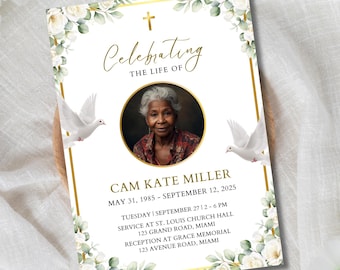 Invitación funeraria moderna, anuncio conmemorativo imprimible, plantilla editable para celebrar la vida, invitación floral para obituario y anuncio de fallecimiento.