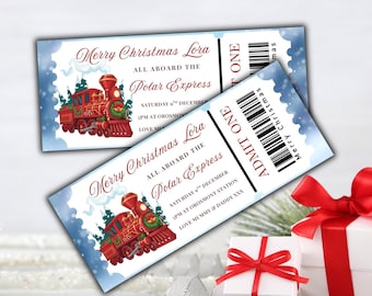 Op de afbeelding: Twee kerstkaartjes met een illustratie van de Polar Express-trein. De kaartjes hebben een rood en goud treindesign, de tekst "Merry Christmas Lora" en "All Aboard The Polar Express". Een cadeauverpakking met een rode strik staat op de achtergrond.